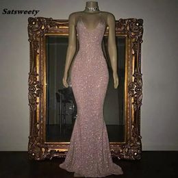 2021 Stunning Rose Pink Sequined Prom Dresses Sexy Spaghetti Straps Mermaid Sleeveless Evening Party Gowns Custom Made