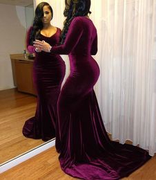 Fashionable Wine Mermaid Evening Dresses V Neck Velvet Long Train Prom Gown Simple south africa Party Evening Wear arabic Dubai With Sleeve