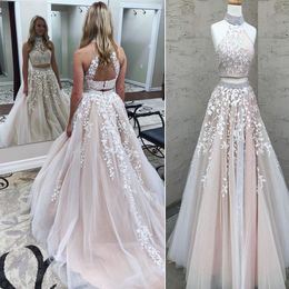 Exquisite Two Piece Appliqued Tulle Prom Dresses High Neck Beading Floor Length Backless Pink Red Champagne Graduation Dress Sweet 16 Dress