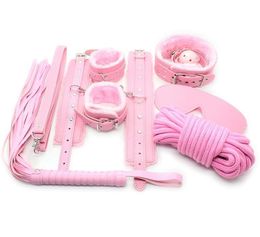 Bondage Pink PU Fur Bondage Set Gag Whip Hand Ankle Cuffs Blindfold Neck Collar #E94