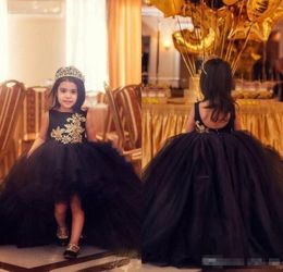 High Low Ball Gown Flower Girl Dresses For Weddings Gold Lace Applique Backless Communion Dress Tiered Ruffles Child Kids Pageant Gowns