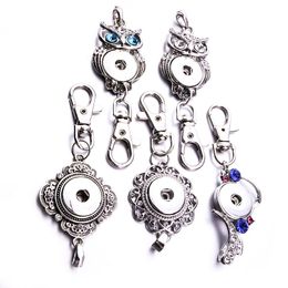 6styles Snap Jewellery Snap Button Key Chains Crystal Owl 18MM Snap Keychains Keyring for Women