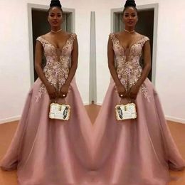 Trendy Floral Flower Deep V-Neck Prom Dresses Sheer Pink Tulle Black Girl African Formal Party Sexy Evening Gowns Guest Wear Robe De Soiree