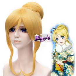 Ly & CS cheap sale dance party cosplays>>>For Love Live! Eli Ayase Golden Blonde Hair 1 Bun Cosplay Party Anime Wig