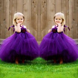 Dark Purple Lovely Flower Girl Dresses A Line Halter Sleeveless Pageant Gowns Zipper Back Floor Length Soft Tulle Kid Dresses For Wedding