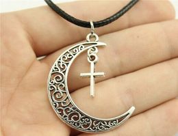 20pcs/lot Vintage Antique Silver Moon Cross charms Pendant Leather Chain Necklace Charms Pendant