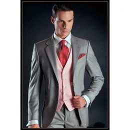 New Style Grey Slim Fit 3 Piece Suit Men Wedding Tuxedos Excellent Groom Tuxedos Men Business Dinner Prom Blazer(Jacket+Pants+Tie+Vest) 873