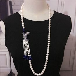 Hand knotted natural 8-9mm white freshwater pearl blue stone butterfly tassel necklace sweater chain fashion Jewellery