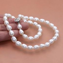 Hand knotted genuine 8-9mm white oval rice cultured freshwater pearl necklace 18" fashion Jewellery