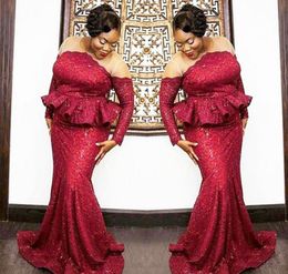 2019 Mermaid Prom Dress South African Dark Red Sequined Long Sleeves Formal Holiday Wear Graduation Evening Party Gown Custom Made Plus Size