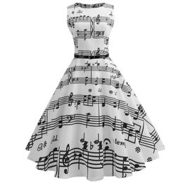 2018 Music Note Print Musical Women Vintage Dress Sleeveless O Neck Female Casual Swing Retro Pleated Mid Dresses P45X