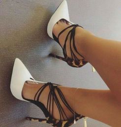 2018 High End Customized White Pointed Toe Dress Pumps Leopard Heel Patchwork Party Shoes Thin High Heel Cross Strappy T-shape Pumps