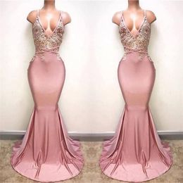 Dusty Pink Prom Dresses 2018 Spaghetti Appliqued Beaded Long Train Mermaid Party Gowns Custom Made Occasion Evening Wear