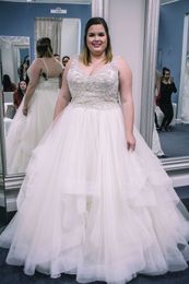 Amazing Crystal Plus size Wedding Dresses Tulle V neck with Straps Ruffled Court Train Beading Sequins Cheap Wedding Bridal Gowns A line