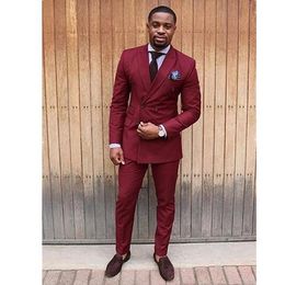 Brand New Burgundy Men Wedding Tuxedos High Quality Groom Tuxedos Peak Lapel Double-Breasted Men Blazer 2 Piece Suit(Jacket+Pants+Tie) 1377