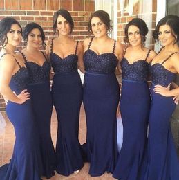 Blue Long Navy Mermaid Bridesmaid Dresses A Line Spaghetti Straps Beaded Sequins Wedding Gust Dress Cheap Maid Of Honor Gowns Custom