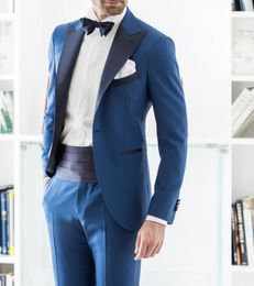 Fashion Blue Men Wedding Tuxedos High Quality Groom Tuxedos Peak Lapel One Button Men Blazer 2 Piece Suit(Jacket+Pants+Tie+Girdle) 1373