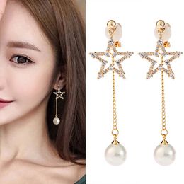 2018 fashion five-pointed star earrings hanging fringe earrings shell ladies 925 silver needle pearl earrings retail wholesale