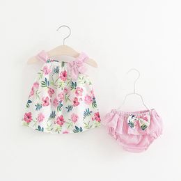 Summer newborn infant kids baby printed floral set bow suit 2M-4 years old 2pcs gallus +short pant set