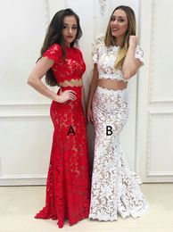 Stunning Lace 2 Pieces Prom Dresses Sheath Red White Short Sleeves Long Cheap Evening Formal Dress Gowns New