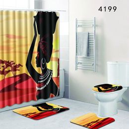 4 The sets rug Shower African woman Toilet seat cover bathroom non-slip carpet and shower curtain