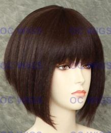 Dark Brown Short Angled Bob w/ Bang Heat Safe Full Synthetic Hair Wig WBNI 4