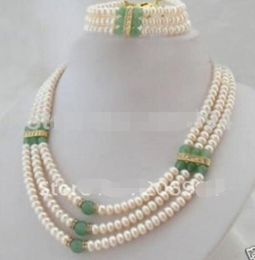 White freshwater pearls green stone beads necklace bracelet fashion jewelry set