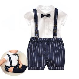 Fashion Baby boys gentleman strap outfits Summer Infant Tie romper+Strap shorts 2pcs/set kids Clothing Sets toddler clothes