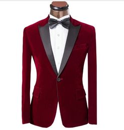 High Quality Dark Red Velvet Men Wedding Tuxedos Excellent Groom Tuxedos With Black Peak Lapel Men Blazer 2 Piece Suit(Jacket+Pants+Tie) 66