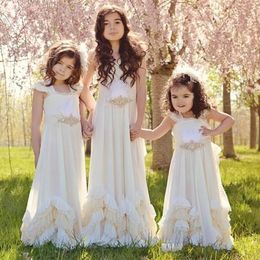 Lovely Ivory Cheap Flower Girls For Weddings Square Neck Beaded Sashes Floor Length A Line Girl S Pageant Dresses Birthday Gowns