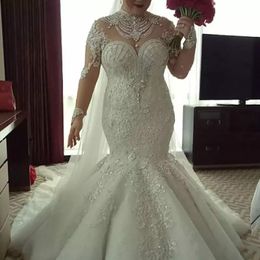 Luxury Plus Size Wedding Dresses Beads Crystal High Neck Lace Appliques Mermaid Wedding Dress Stunning Long Sleeves Country Bridal Gowns