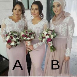 Najnowsze muzułmańskie nowe syrenki koronkowe aplikacje V Szyna Satynowe długie rękawy sukienki balowe tanie na wesela Druhny