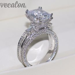 Vecalon Women Big Jewelry ring Princess Cut 10ct 5A Zircon stone 300pcs Cz 925 Sterling Silver Engagement Wedding Ring Gift