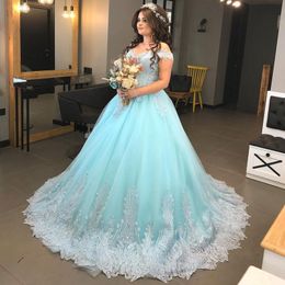 Baby-Blue Saudi Prom Dresses Off Shoulder Beads Lace Applique Ball Gown Party Dresses 2018 New Arrival Elegant Fluffy Tulle Evening Gown