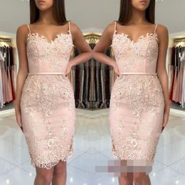 2018 Cheap Blush Pink Homecoming Dresses Lace Appliques Short Mini Spaghetti Straps Sashes Sheath Sweetheart Party Graduation Cocktail Gowns