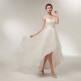 Elegant Ruffle V Neck A Line Tulle Long Hi Low Wedding Party Bride Dresses For Women Wedding Dress HY4241