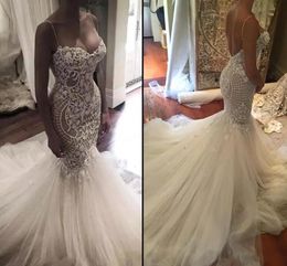 Mermaid Dresses Sexy Spaghetti Straps Tiered Tulle Lace Appliques Court Train Wedding Gowns Bridal Dress 0505