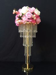 tiered crystal chandelier UK - Gold Table Centerpiece Flower Stand 5 Tiers Crystal Chandelier with beads strands Wedding Props Table Decoration