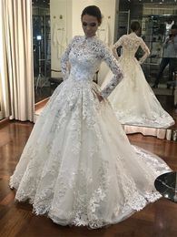 Hög halsmuslimsk klänningar Vestidos Långärmar spetsar Appliced ​​Country Bridal Gowns Pärlade plus storlek sveptåg bröllopsklänning