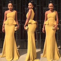 One shoulder Yellow Bridesmaid Dresses Cheap Long Satin Ruched African Women Designer Mermaid Wedding Guest Party Prom Evening Dress Gown