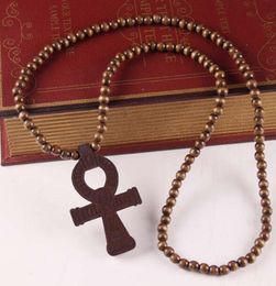 DHL Hip Hop Cross Ankh Pendant Necklace With Wooden Beads Chain Religionary Fashion Jewellery for Women Men