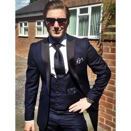 New Arrivals One Button Navy Blue Groom Tuxedos Groomsmen Peak Lapel Best Man Blazer Mens Wedding Suits (Jacket+Pants+Vest+Tie) H:883