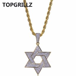 TOPGRILLZ Hip Hop Men Gold Colour Plated Necklace Micro Pave Iced Out CZ Stone Star Of David Pendant Necklaces With Rope Chain