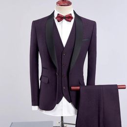 Custom Made Dark Purple Groom Tuxedos Excellent Men Wedding Tuxedos Black Shawl Lapel Men Business Prom Party Suit(Jacket+Pants+Tie+Vest)832