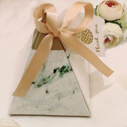 100PCS Pyramid Marble Favor Boxes Wedding Candy Boxes Bridal Shower Pyramid Chocolate Box Holders w/ Tag n Ribbons Event Party Decor Idea