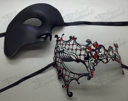 His & Her Couple Masquerade Mask, Black Themed Mask [Red Rhinestones Face mask Eye glasses eye Female Retro