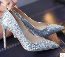 2018 Ladies Pumps Sexy Pointed High-heeled Shoes Sequin Thin Hollow Nightclub Single Shoes Female Stiletto Heel bling bling dress shoes