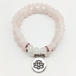 SN1331 Fashion Women`s Yoga Bracelet Set Trendy Lotus Charm Matte Rose Quartz Bracelet High Quality Handmade Jewelry