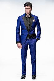 Brand New Blue Satin 2 Piece Suit Men Wedding Tuxdos High Quality Groom Tuxedos With Black Peak Lapel Men Blazer(Jacket+Pants+Tie) 1215