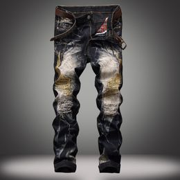 Men's jeans men tide European and American street personality embroidery wings denim trousers black plus size